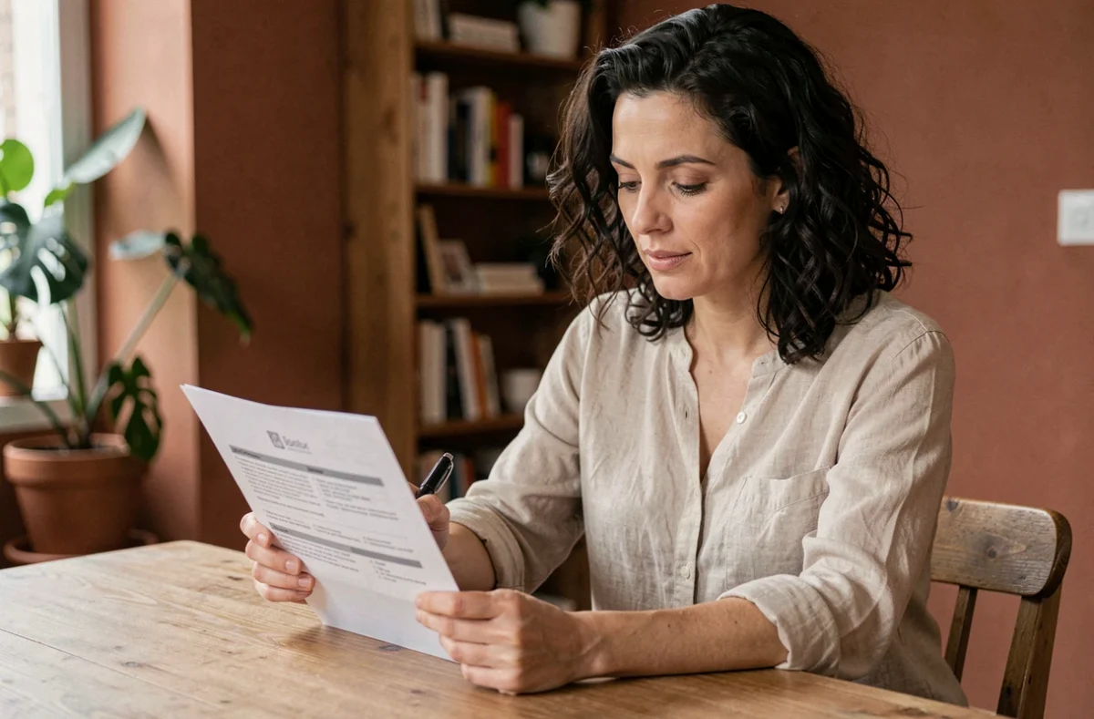 Femme consultant un contrat d'assurance habitation à une table en bois dans un appartement moderne