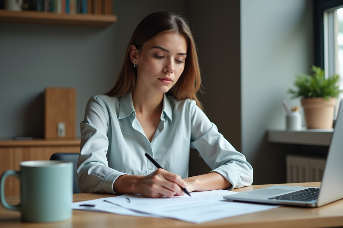 Jeune femme examinant un contrat dans un bureau à domicile