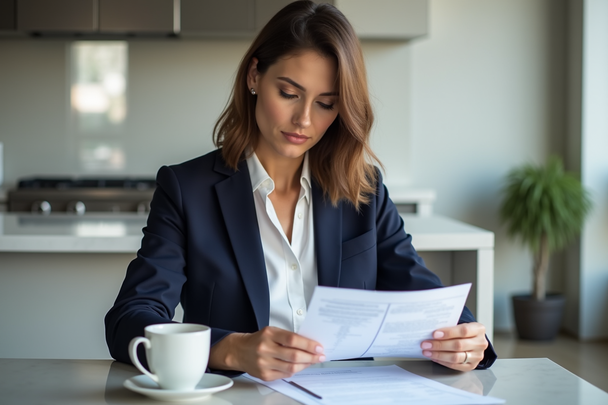 Femme professionnelle examine documents de mortgage à la maison