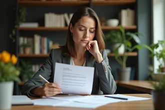 Femme d'affaires examinant un contrat de location dans un bureau lumineux