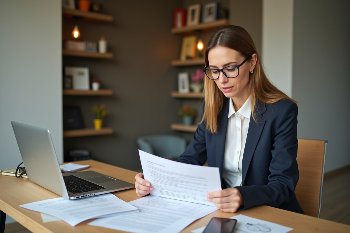 Femme d'affaires examine un contrat de location dans un appartement moderne