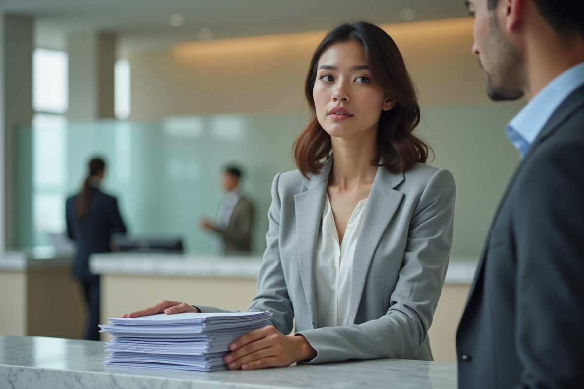 Jeune femme professionnelle au comptoir bancaire en discussion