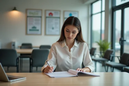 Femme en bureau de logement remplissant un dossier