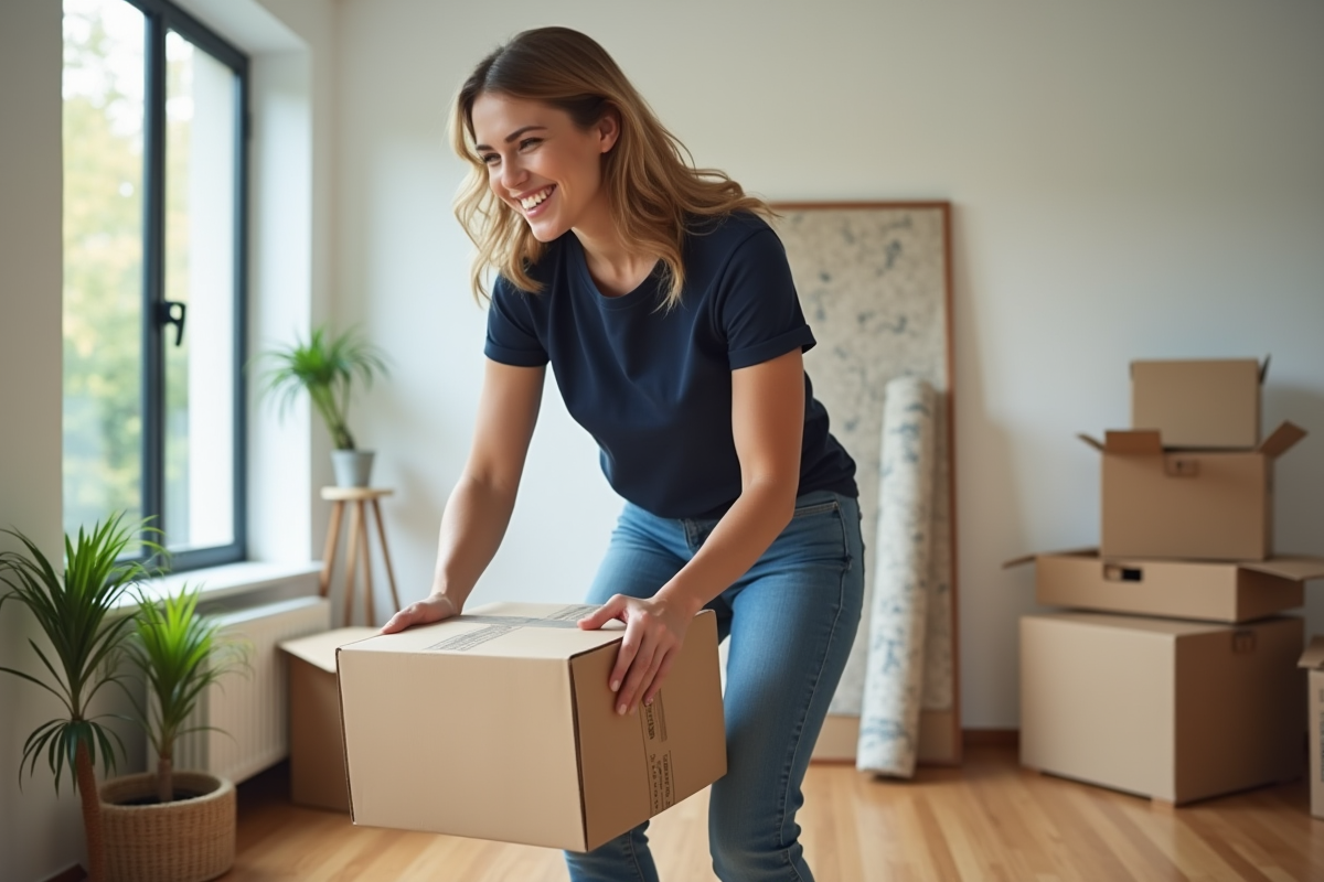 Femme soulevant une caisse en carton dans un salon en déménagement