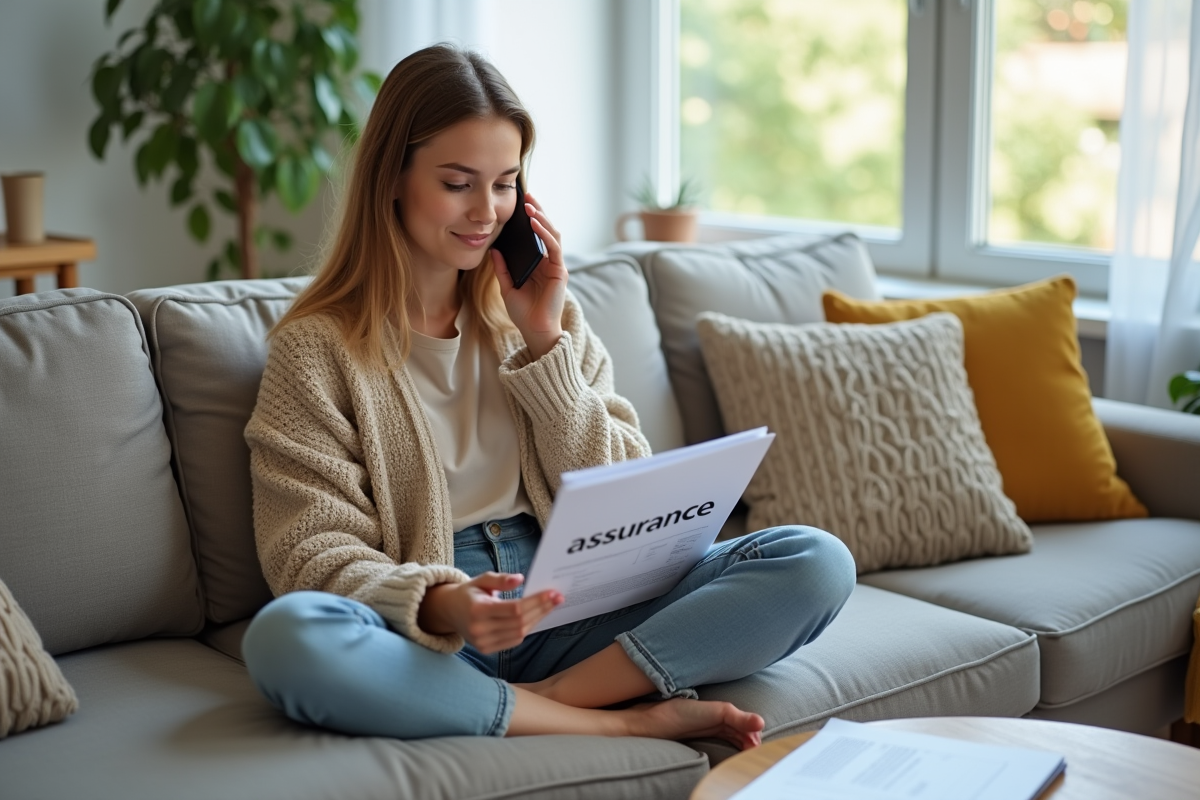 Jeune femme au téléphone avec dossier assurance dans salon