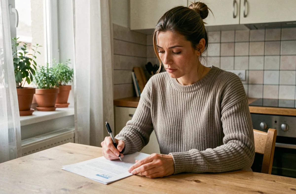 Femme consultant des documents d'assurance mutuelle habitation à la table de sa cuisine