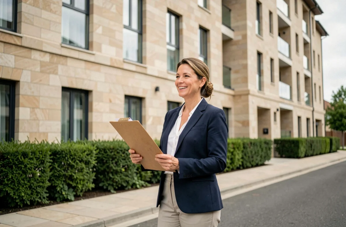 Femme tenant des documents immobiliers devant un immeuble résidentiel neuf en milieu urbain