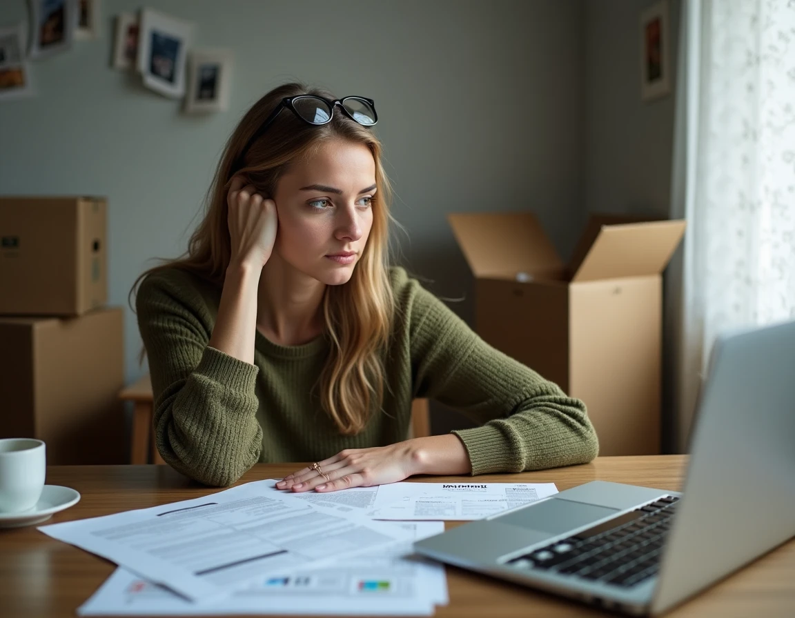 Femme seule consultant des documents immobiliers et juridiques à la table de cuisine d'une maison en cours de vente pour divorce dans le Calvados