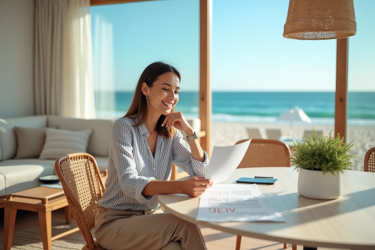 Femme examinant des documents dans une maison côtière