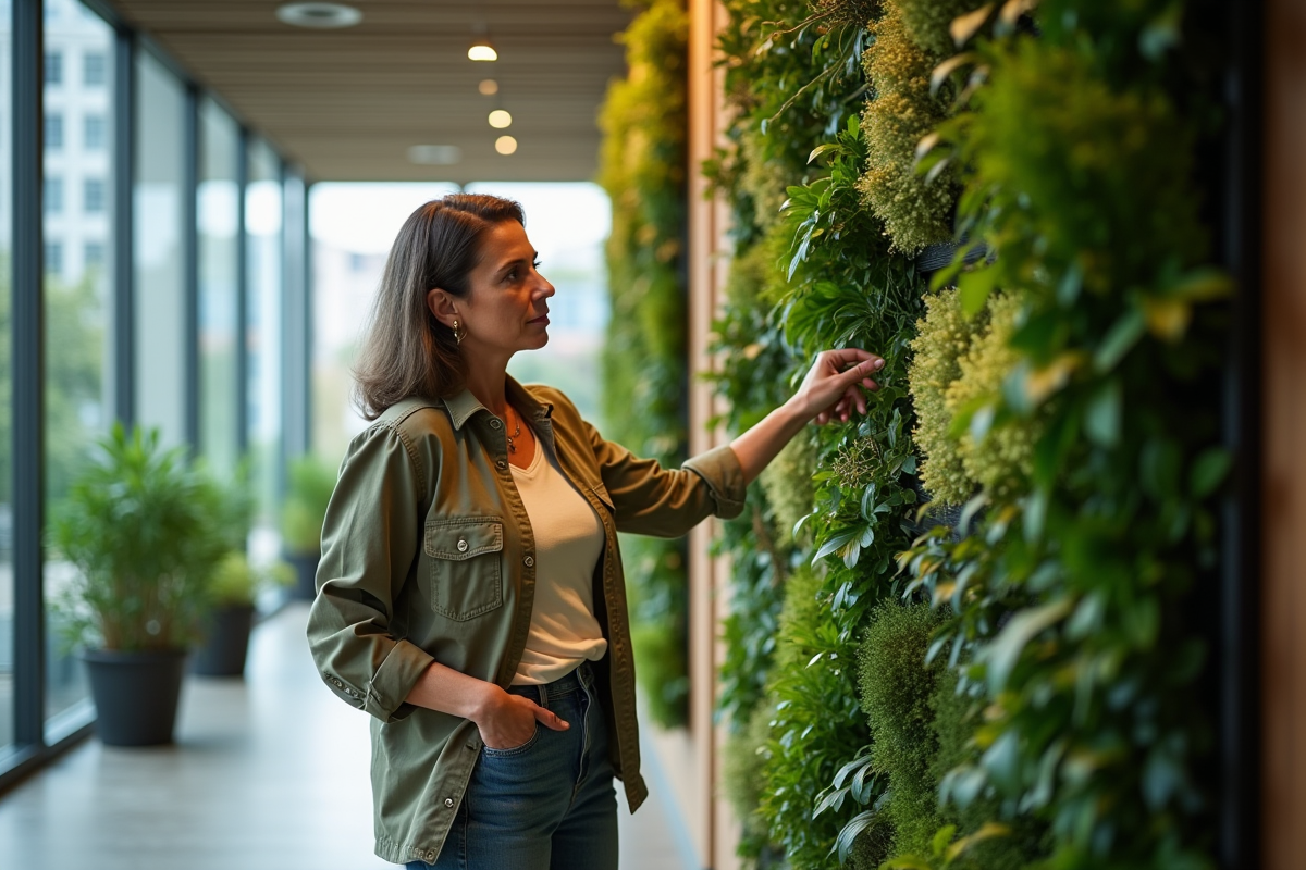 Femme en vêtements durables examine un mur végétal dans un bureau