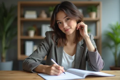Femme écrivant une lettre formelle dans une cuisine moderne