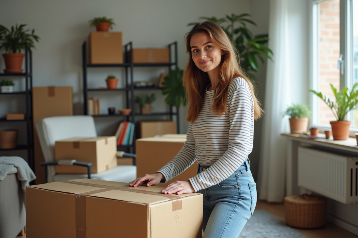 Jeune femme préparant des cartons de déménagement dans un salon