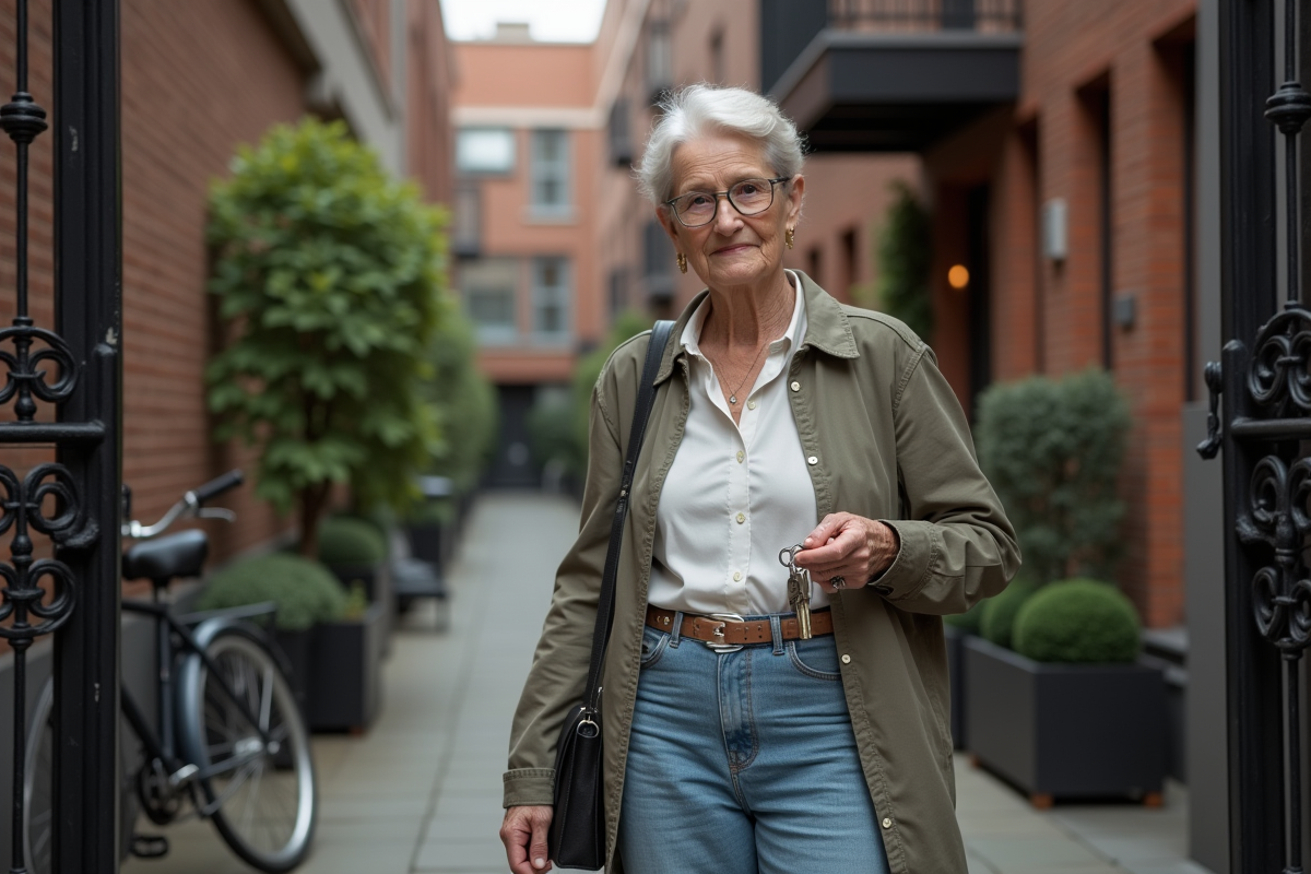 Femme âgée tenant ses clés devant un immeuble résidentiel