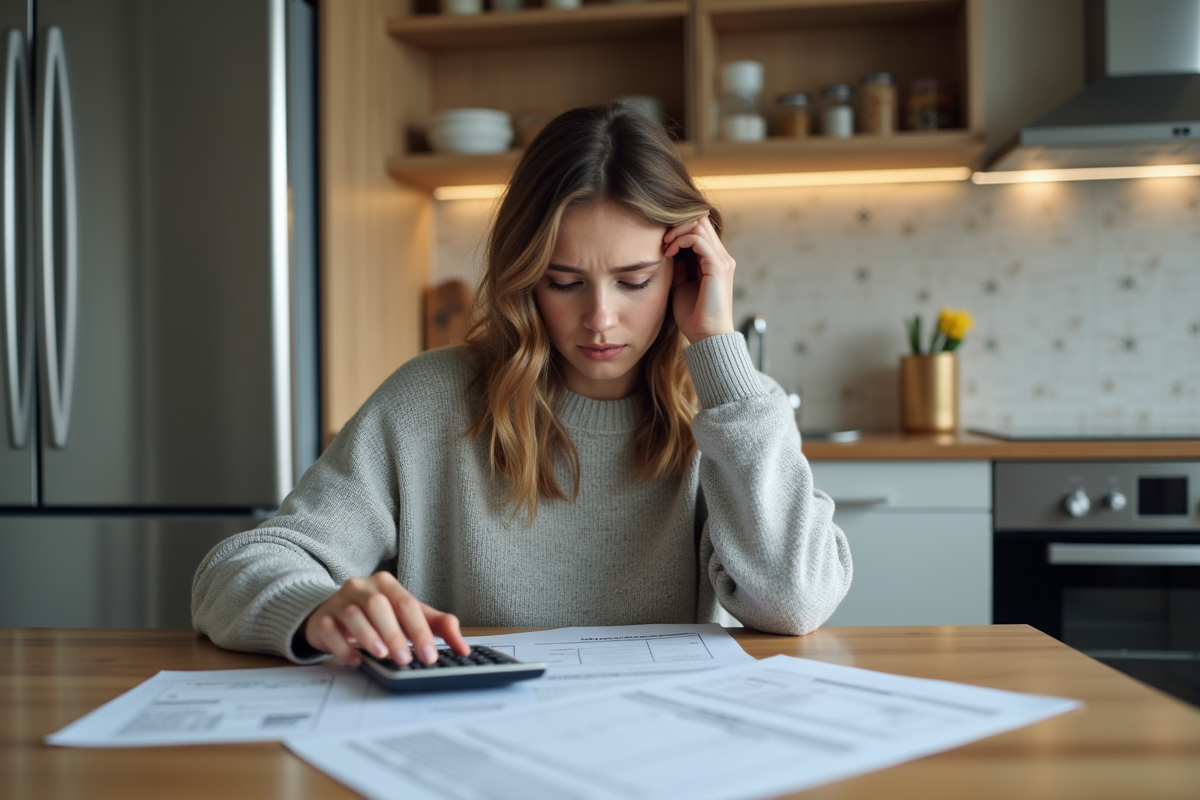 Jeune femme étudie une facture d'eau dans sa cuisine