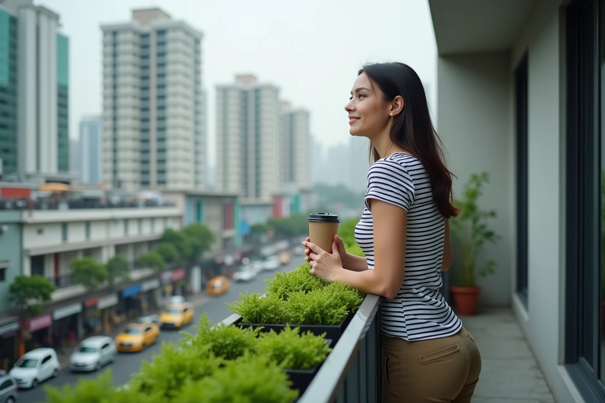 Femme française contemplant la ville depuis un balcon à Bangkok
