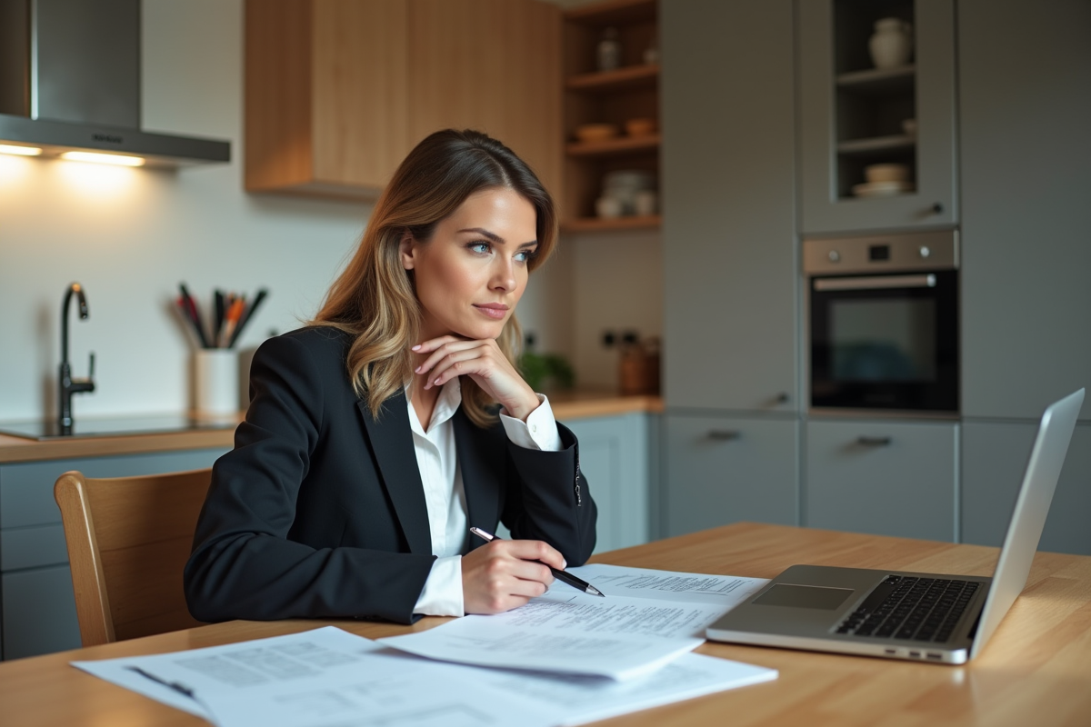 Femme d'affaires assise à la maison en train de revoir des papiers