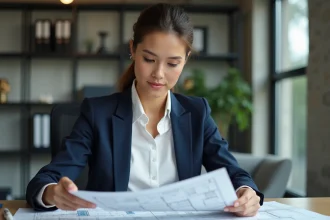 Femme professionnelle étudie des plans immobiliers au bureau