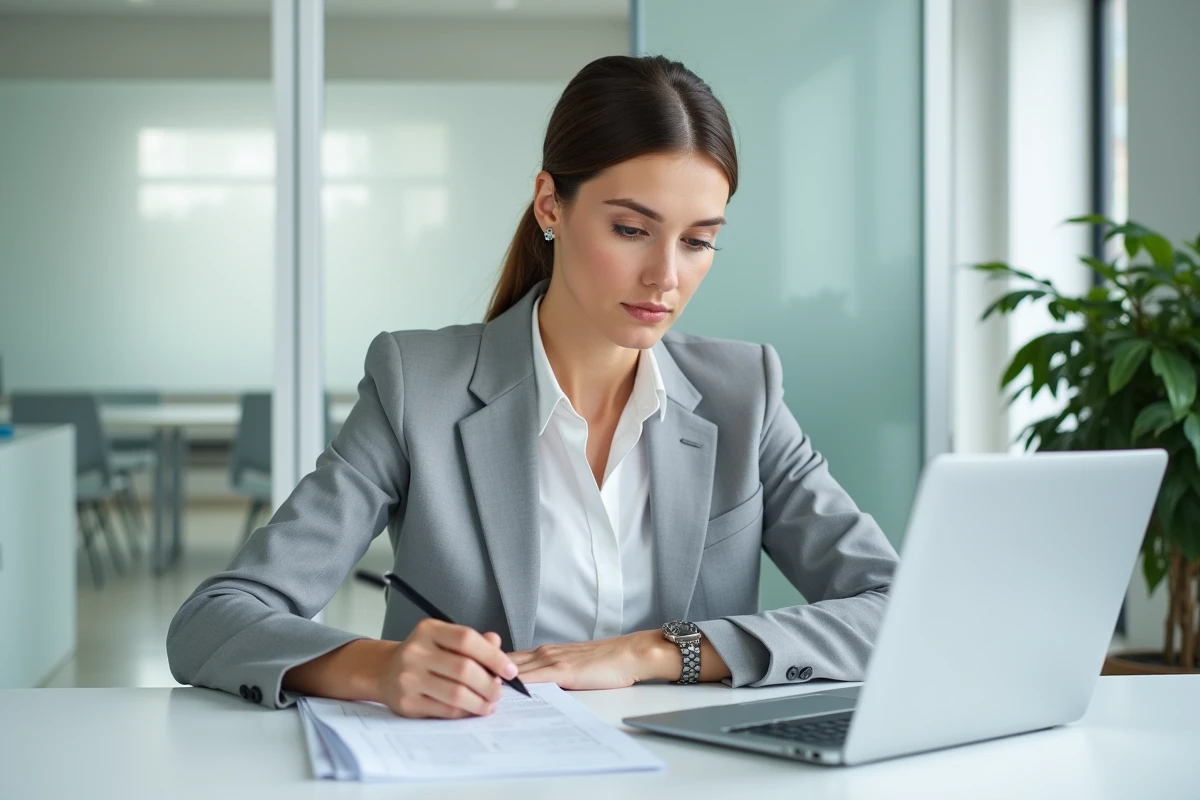 Femme professionnelle de l'immobilier remplissant un formulaire cerfa pour vérification d'hypothèque dans un bureau moderne