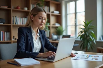 Jeune femme professionnelle travaillant sur son ordinateur à Lyon