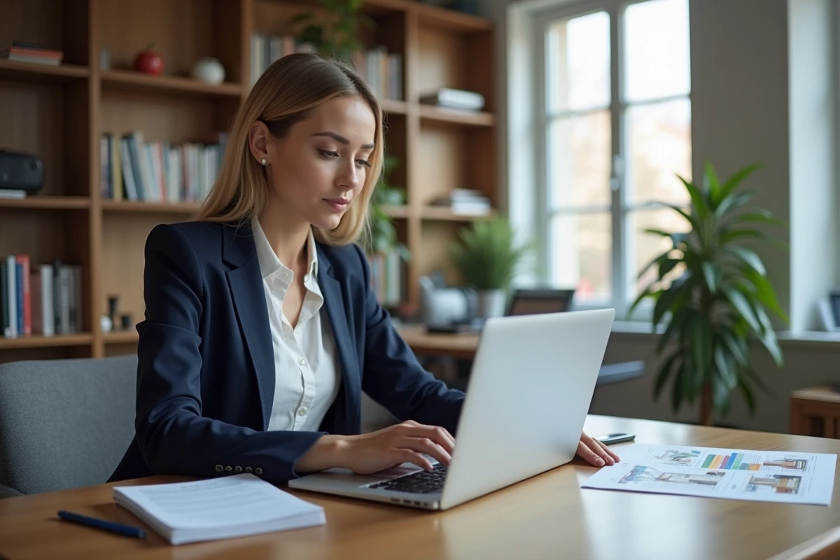 Jeune femme professionnelle travaillant sur son ordinateur à Lyon