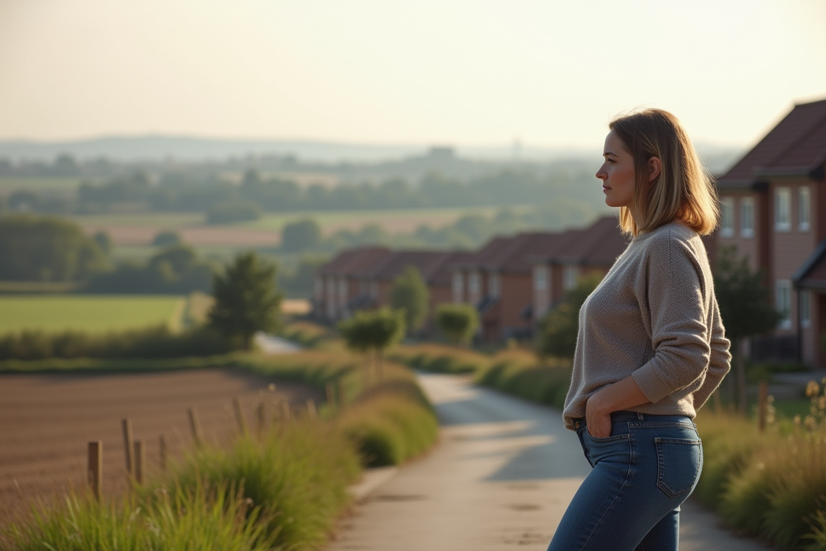 Femme regardant un nouveau quartier résidentiel en rural urbain