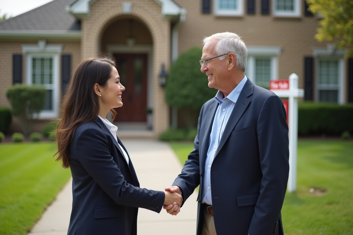 Femme professionnelle souriante avec agent immobilier