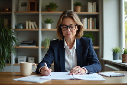 Femme professionnelle examine documents immobiliers dans son bureau