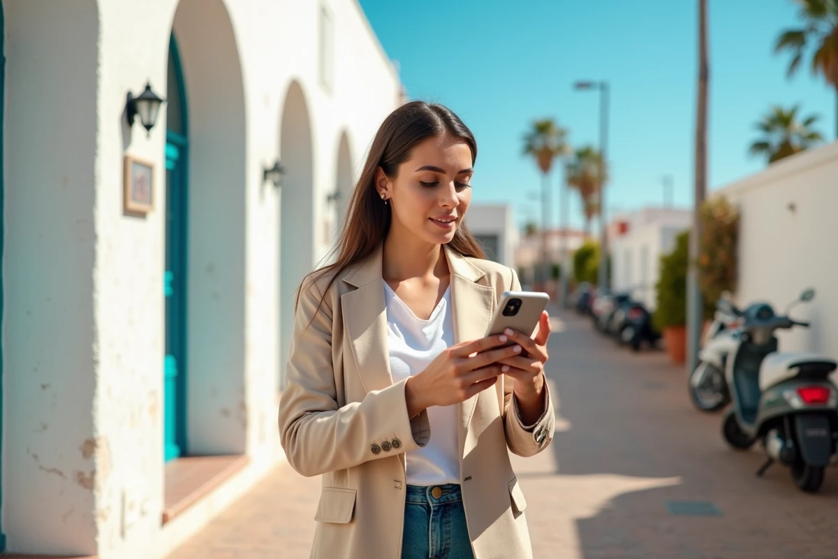Femme investisseuse devant un appartement à vendre dans un quartier résidentiel de Marrakech au Maroc