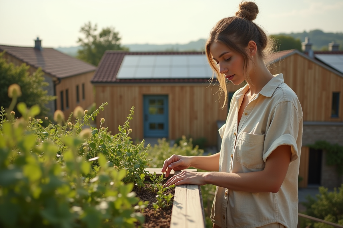 Jeune femme dans un jardin sur un toit écologique