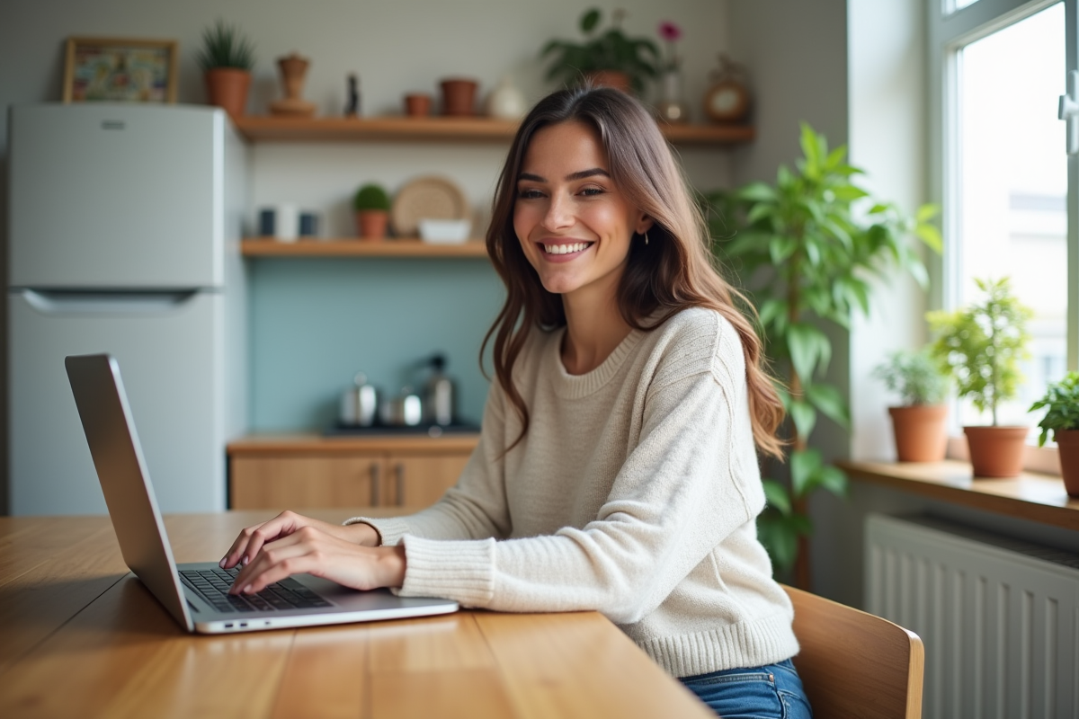 Femme souriante utilisant un ordinateur pour une annonce immobiliere