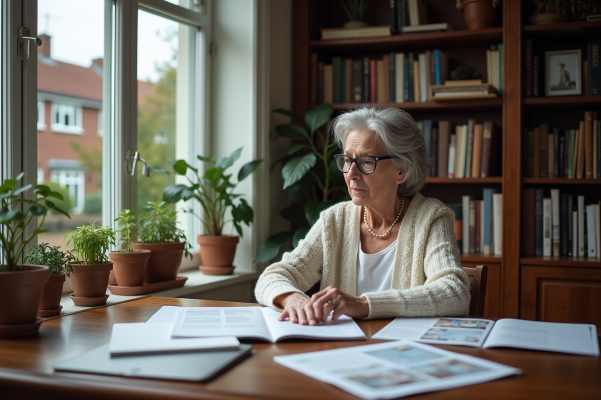 Femme âgée lisant un catalogue immobilier près d
