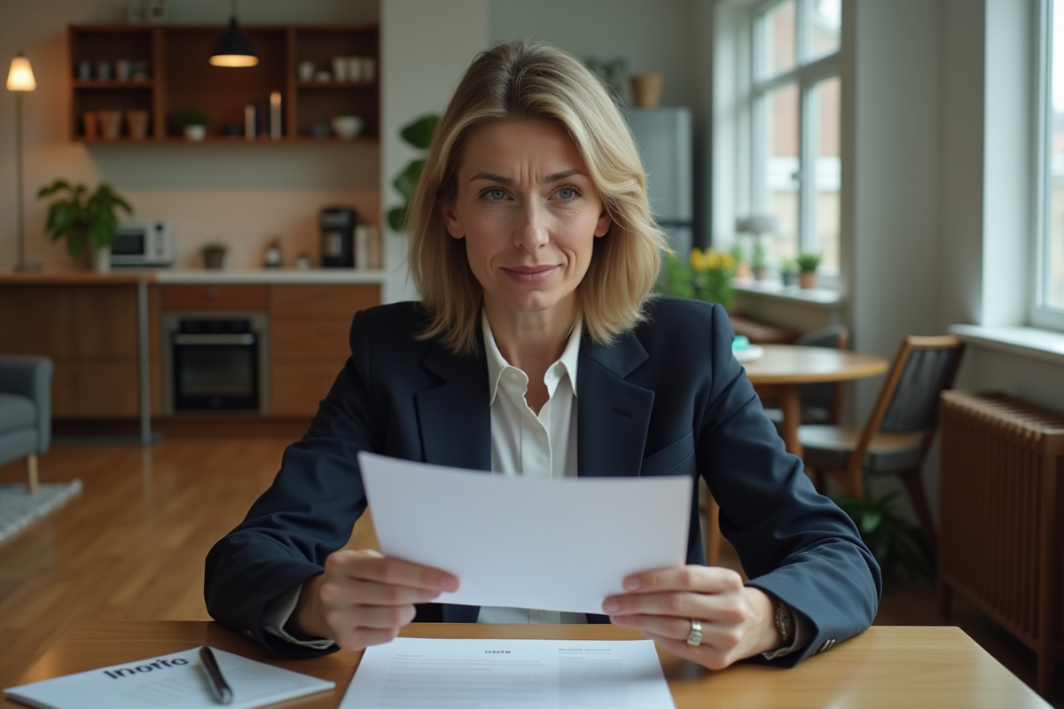 Femme d'âge moyen examine des documents de location dans un appartement
