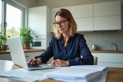 Femme d'âge moyen lisant des documents dans une cuisine organisée