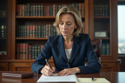 Femme notaire en blazer marine relisant une lettre formelle dans un bureau juridique élégant avec bibliothèque et stylo plume