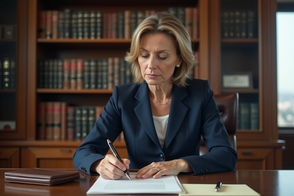 Femme notaire en blazer marine relisant une lettre formelle dans un bureau juridique élégant avec bibliothèque et stylo plume