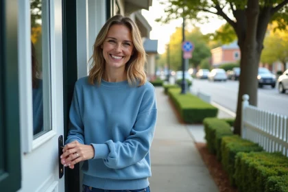 Femme souriante ouvrant la porte d'une maison charmante avec jardin