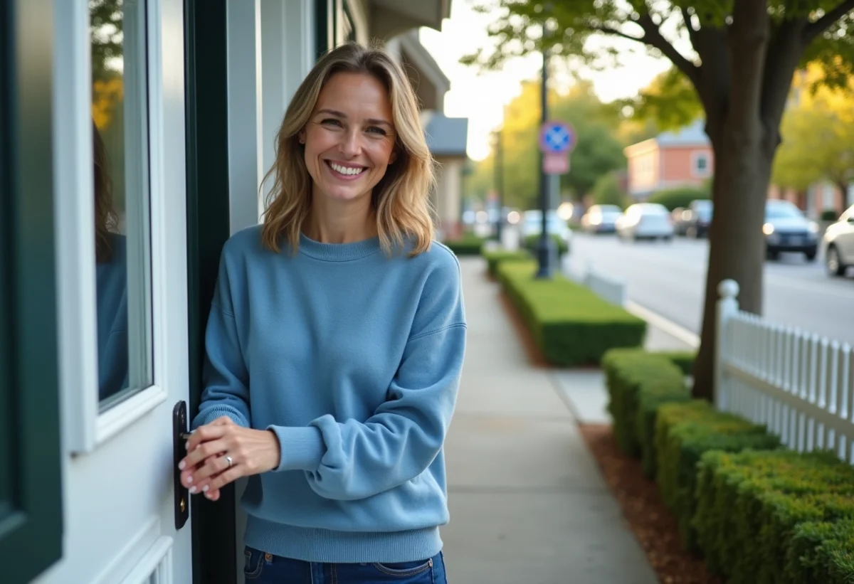 Femme souriante ouvrant la porte d'une maison charmante avec jardin