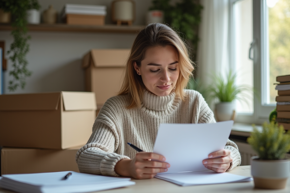 Femme en train de gérer ses papiers de déménagement dans un appartement lumineux