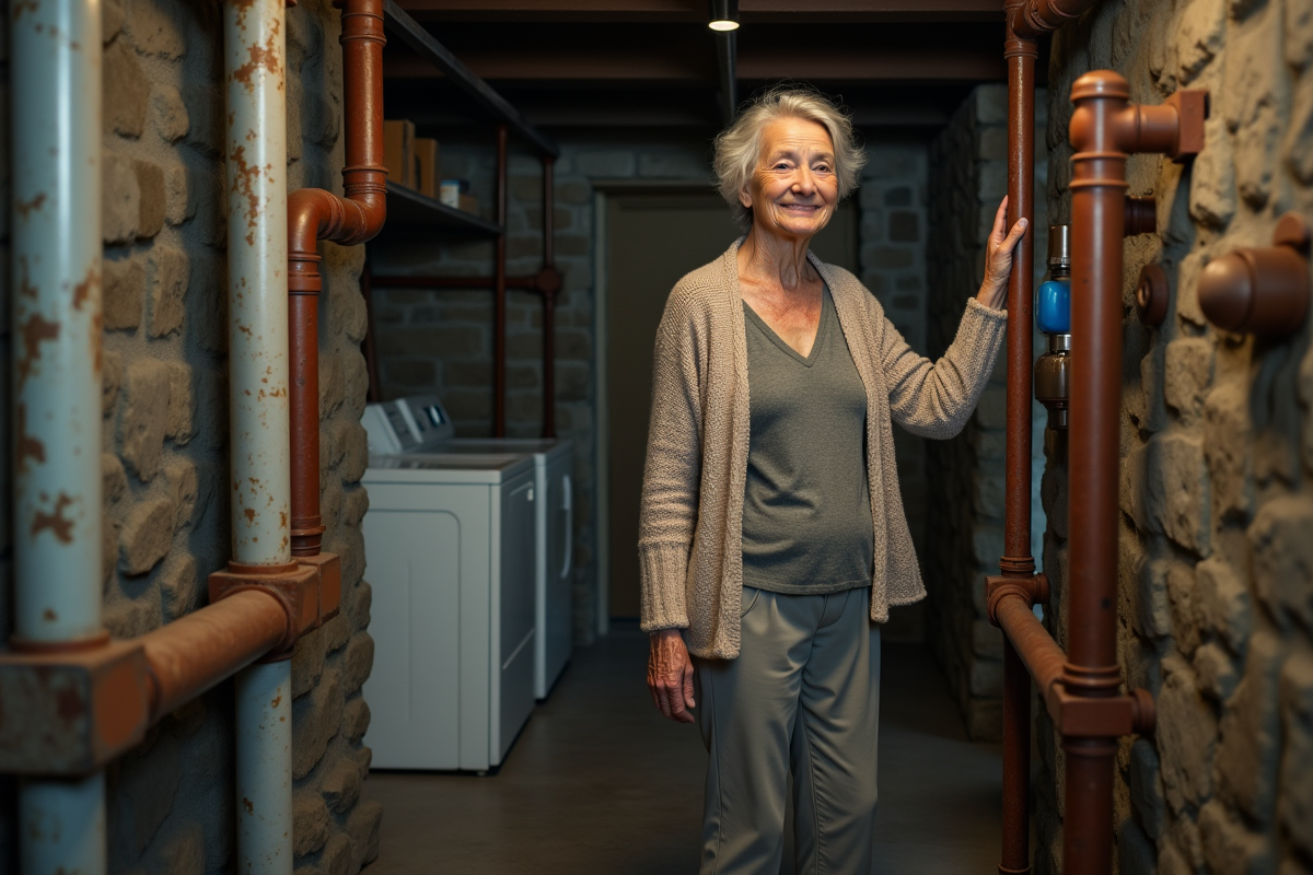 Femme âgée touche un tuyau rouillé dans une buanderie souterraine