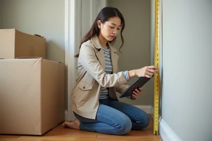 Femme prenant des mesures dans un nouveau logement moderne