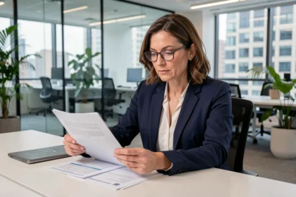 Femme professionnelle en blazer marine analysant des documents d'assurance multirisque dans un bureau moderne