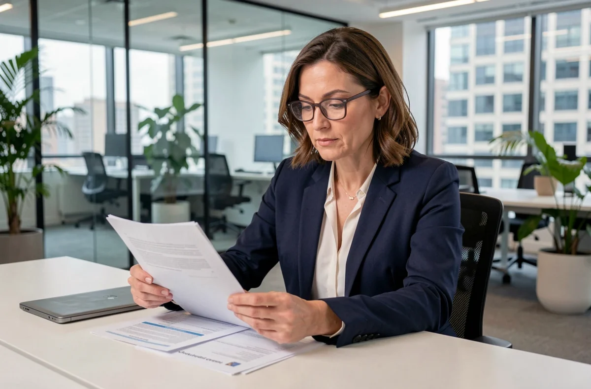 Femme professionnelle en blazer marine analysant des documents d'assurance multirisque dans un bureau moderne