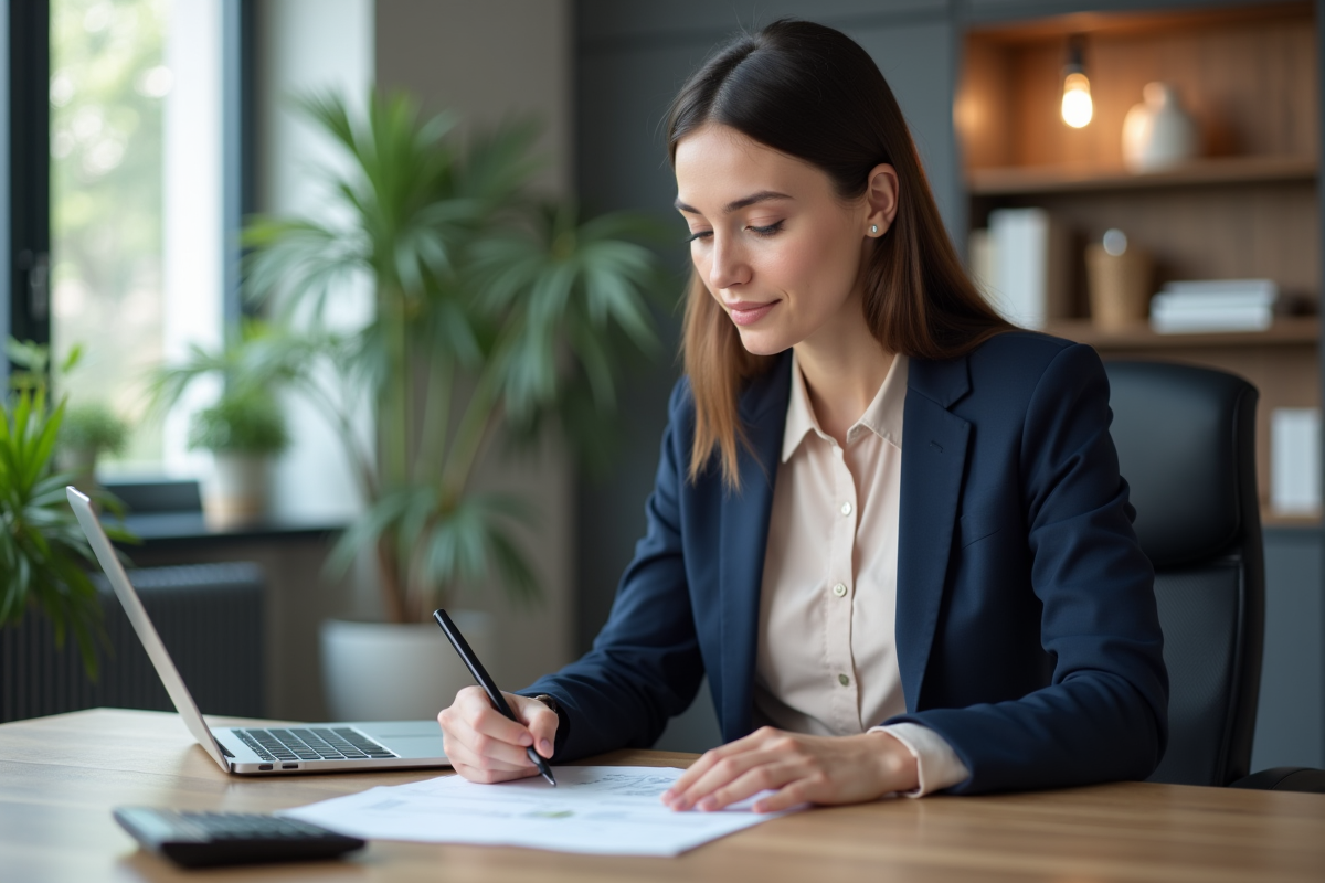 Femme professionnelle en bureau moderne avec documents et ordinateur