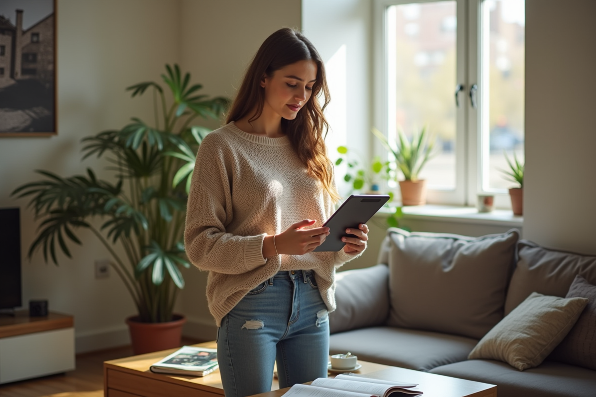 Jeune femme compare des annonces d