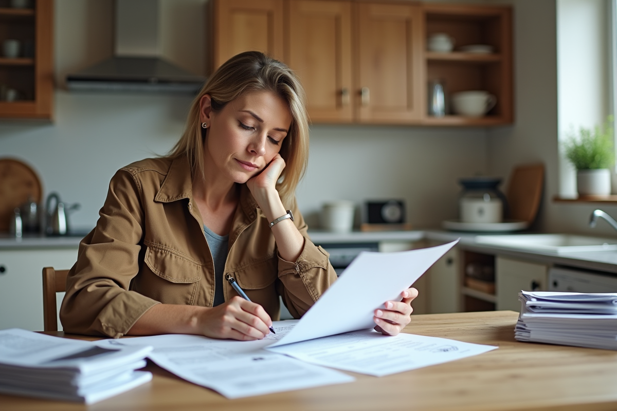 Femme en vêtements pratiques examine plans de rénovation cuisine