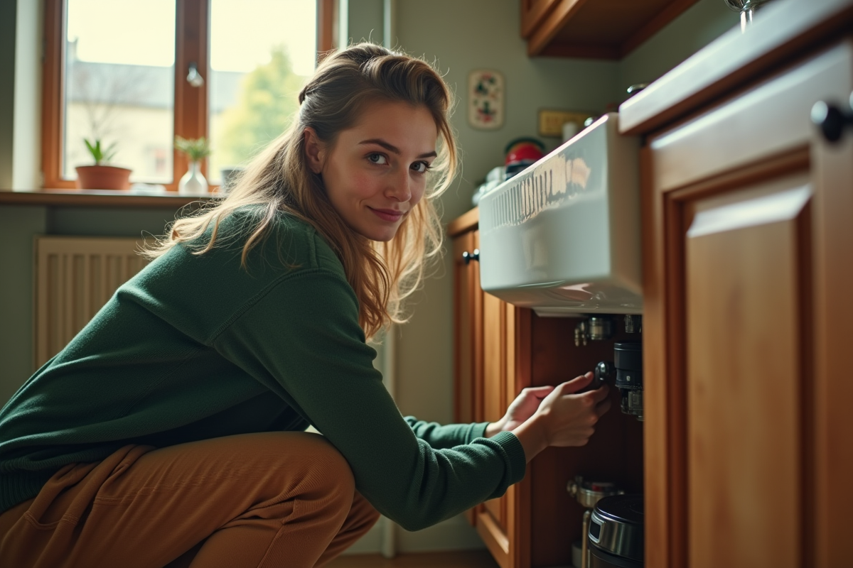Jeune femme inspectant la plomberie dans une cuisine rustique