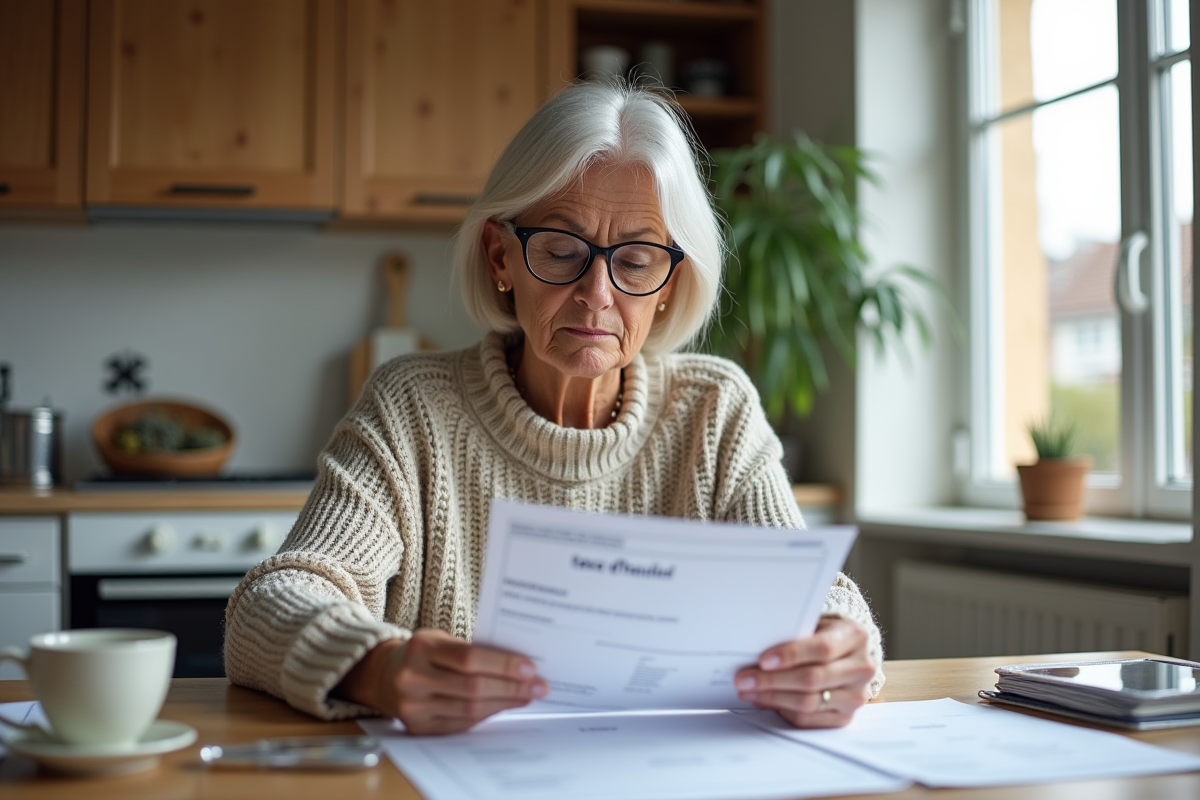 Femme examinant des documents fiscaux sur la table de cuisine