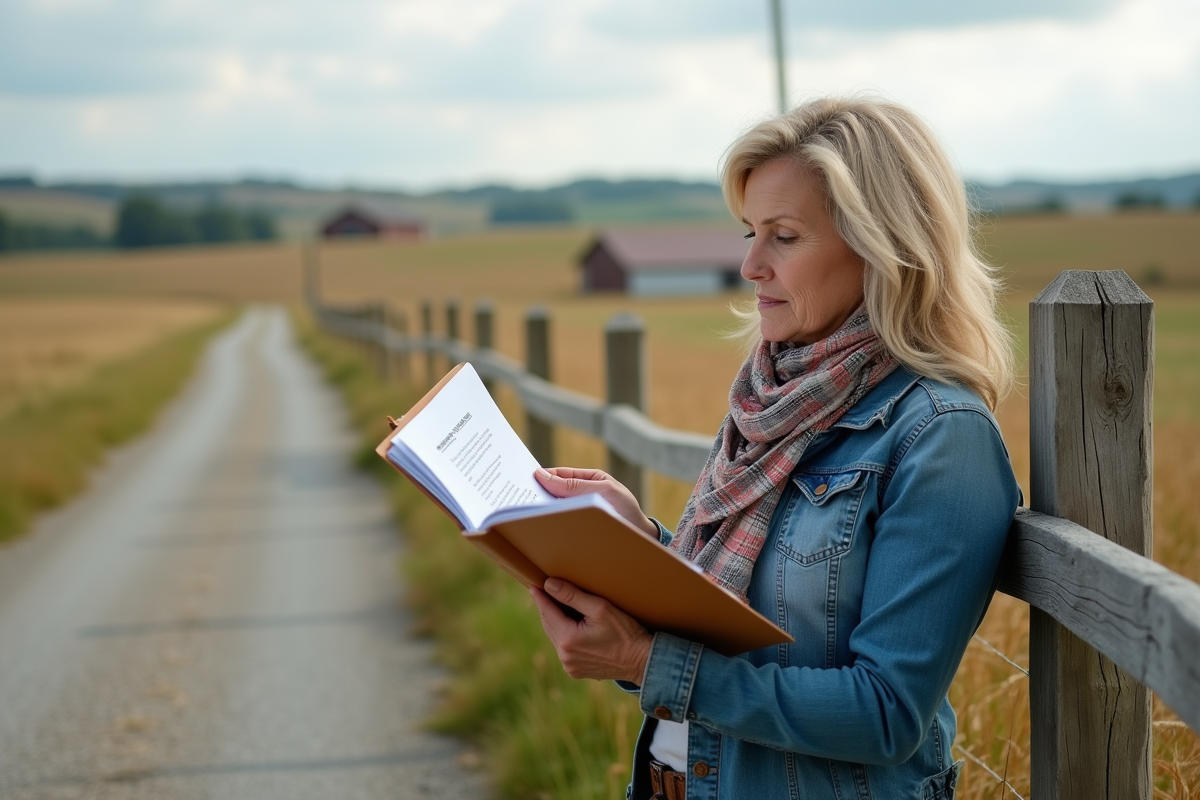 Femme rurale en tenue décontractée examine un dossier rural