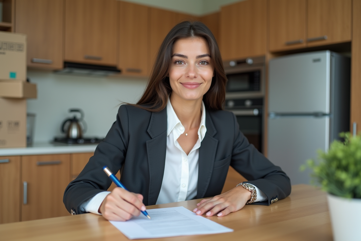 Jeune femme signant un contrat dans la cuisine