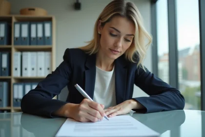 Femme professionnelle signant une lettre de garant dans un bureau